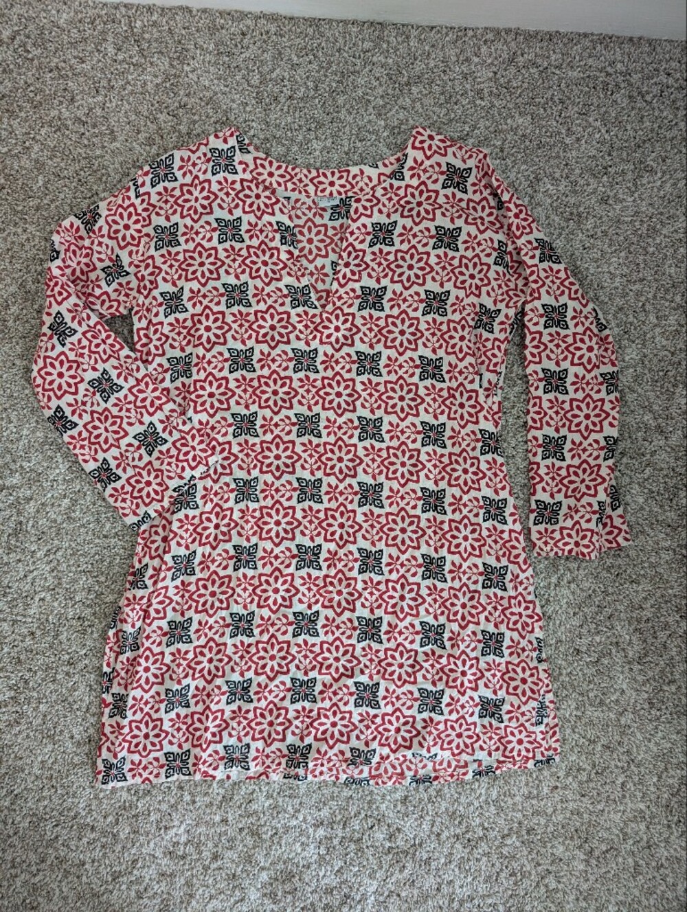 Women's Red and White Floral Geometric Print Tunic Top In Lightweight Cotton M